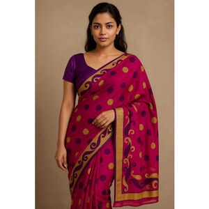 Magenta Pink & Purple Polka Dot Saree + Purple Blouse | 2 PC Set